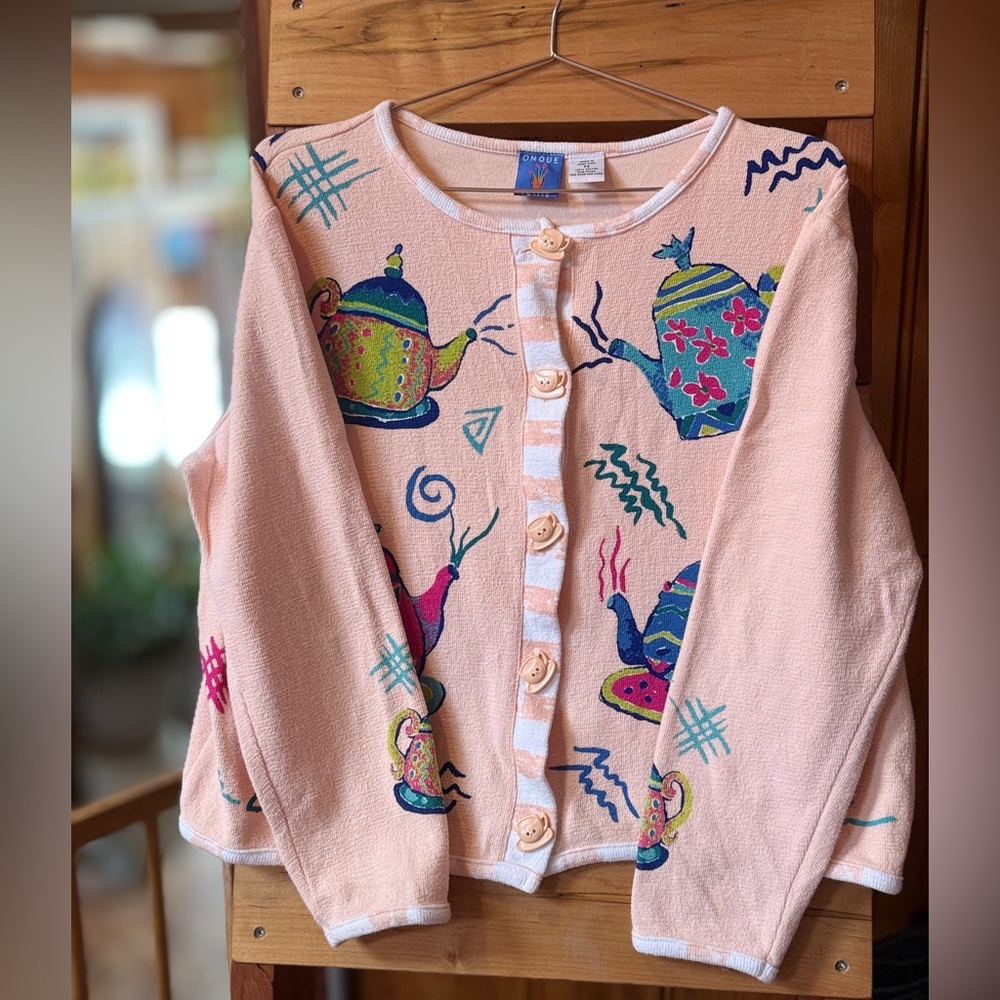 Onque Casuals Pink Cardigan sweater Jumper with Teapot Design